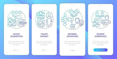 Talent engagement blue gradient onboarding mobile app screen. Candidate magnet walkthrough 4 steps graphic instructions with linear concepts. UI, UX, GUI template vector