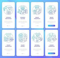 Employer brand advantages blue gradient onboarding mobile app screen. HR walkthrough 4 steps graphic instructions with linear concepts. UI, UX, GUI template vector