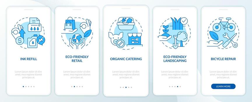 Green business ideas blue onboarding mobile app screen. Walkthrough 5 steps editable graphic instructions with linear concepts. UI, UX, GUI template vector