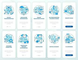 Business tendencies blue onboarding mobile app screen set. Commerce walkthrough 5 steps editable graphic instructions with linear concepts. UI, UX, GUI template vector