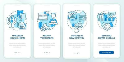 Combat homesickness tips blue onboarding mobile app screen. Abroad walkthrough 4 steps editable graphic instructions with linear concepts. UI, UX, GUI template vector