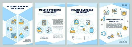 Moving overseas on budget blue brochure template. Cheap travel. Leaflet design with linear icons. Editable 4 vector layouts for presentation, annual reports