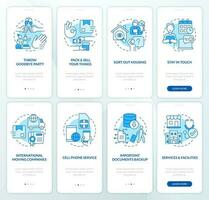 Prepare to move abroad blue onboarding mobile app screen set. Relocate walkthrough 4 steps editable graphic instructions with linear concepts. UI, UX, GUI template vector