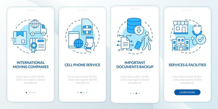 preparar a En Vivo extranjero azul inducción móvil aplicación pantalla. inmigración recorrido 4 4 pasos editable gráfico instrucciones con lineal conceptos. ui, ux, gui modelo vector