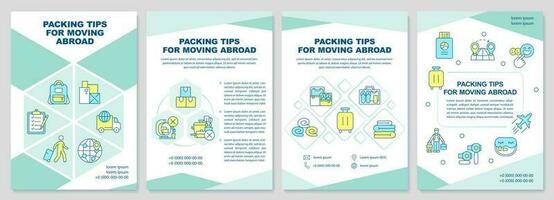 Packing tips for moving abroad mint brochure template. Baggage. Leaflet design with linear icons. Editable 4 vector layouts for presentation, annual reports