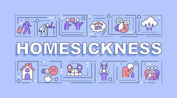 Homesickness word concepts purple banner. Feeling lonely abroad. Infographics with editable icons on color background. Isolated typography. Vector illustration with text