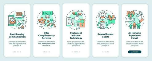 Elevating guest satisfaction onboarding mobile app screen. Inclusivity walkthrough 5 steps editable graphic instructions with linear concepts. UI, UX, GUI template vector