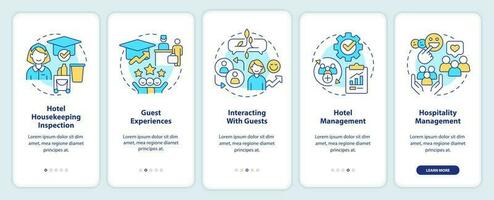 Hotel training programs onboarding mobile app screen. Guest experience walkthrough 5 steps editable graphic instructions with linear concepts. UI, UX, GUI template vector