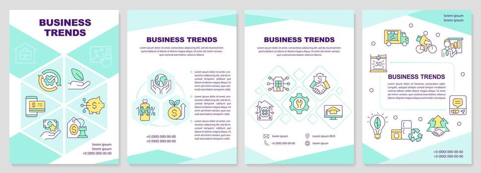 Sustainable business trends turquoise brochure template. Leaflet design with linear icons. Editable 4 vector layouts for presentation, annual reports