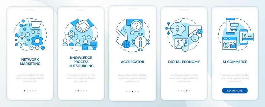 Emerging business trends blue onboarding mobile app screen. Walkthrough 5 steps editable graphic instructions with linear concepts. UI, UX, GUI template vector