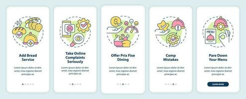 Improve restaurant customer satisfaction onboarding mobile app screen. Walkthrough 5 steps editable graphic instructions with linear concepts. UI, UX, GUI template vector