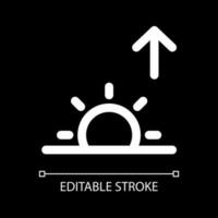 Sunrise white linear ui icon for dark theme. Sun appearing prediction. Daytime. Vector line pictogram. Isolated user interface symbol for night mode. Editable stroke