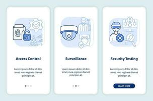 Physical security light blue onboarding mobile app screen. Protection walkthrough 3 steps editable graphic instructions with linear concepts. UI, UX, GUI template vector
