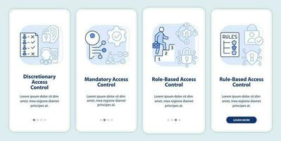 Types of access control light blue onboarding mobile app screen. Walkthrough 4 steps editable graphic instructions with linear concepts. UI, UX, GUI template vector