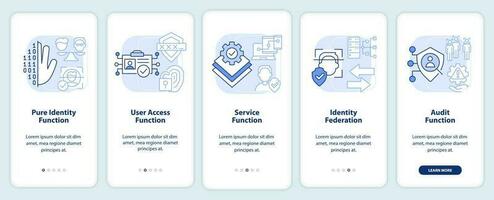 Functions light blue onboarding mobile app screen. Identification walkthrough 5 steps editable graphic instructions with linear concepts. UI, UX, GUI template vector