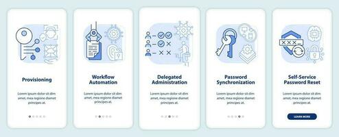 Management of identities light blue onboarding mobile app screen. Walkthrough 5 steps editable graphic instructions with linear concepts. UI, UX, GUI template vector