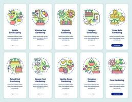 Gardening methods onboarding mobile app screen set. Planting walkthrough 5 steps editable graphic instructions with linear concepts. UI, UX, GUI template vector