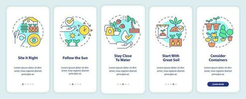 Gardening tips onboarding mobile app screen. Successful planting walkthrough 5 steps editable graphic instructions with linear concepts. UI, UX, GUI template vector