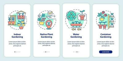 jardinería tipos inducción móvil aplicación pantalla. plantando definiciones recorrido 4 4 pasos editable gráfico instrucciones con lineal conceptos. ui, ux, gui modelo vector