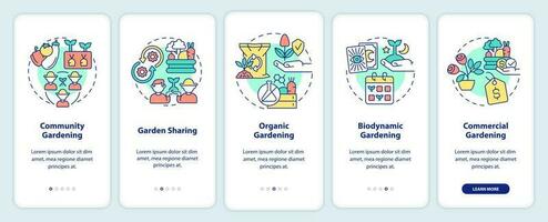 Types of gardening onboarding mobile app screen. Horticulture style walkthrough 5 steps editable graphic instructions with linear concepts. UI, UX, GUI template vector