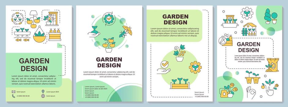 Garden design and landscaping green brochure template. Leaflet design with linear icons. Editable 4 vector layouts for presentation, annual reports