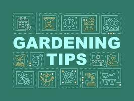 Gardening tips word concepts dark green banner. Plants care. Infographics with editable icons on color background. Isolated typography. Vector illustration with text