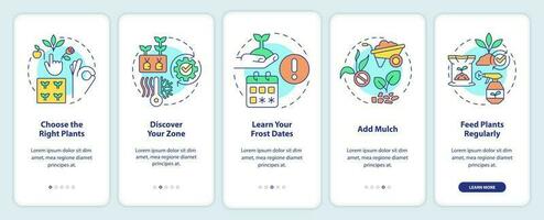 Tips for gardening onboarding mobile app screen. Plants growth walkthrough 5 steps editable graphic instructions with linear concepts. UI, UX, GUI template vector