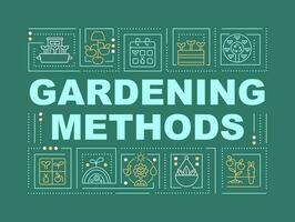 Methods of gardening word concepts dark green banner. Horticulture. Infographics with editable icons on color background. Isolated typography. Vector illustration with text