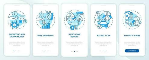 Important knowledges blue onboarding mobile app screen. Life skills walkthrough 5 steps editable graphic instructions with linear concepts. UI, UX, GUI template vector