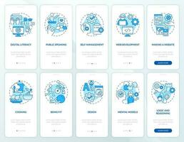 Important life skills blue onboarding mobile app screen set. Learning walkthrough 5 steps editable graphic instructions with linear concepts. UI, UX, GUI template vector