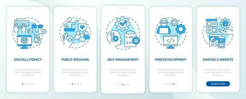 Important competencies blue onboarding mobile app screen. Profession walkthrough 5 steps editable graphic instructions with linear concepts. UI, UX, GUI template vector