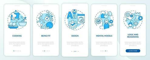 Life skills blue onboarding mobile app screen. Abilities and talents walkthrough 5 steps editable graphic instructions with linear concepts. UI, UX, GUI template vector