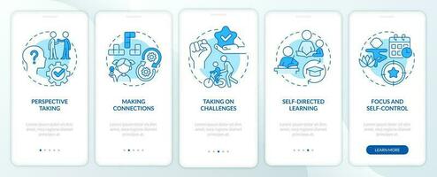 Skills for kids blue onboarding mobile app screen. Children growth walkthrough 5 steps editable graphic instructions with linear concepts. UI, UX, GUI template vector