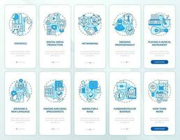 Important skills for life blue onboarding mobile app screen set. Walkthrough 5 steps editable graphic instructions with linear concepts. UI, UX, GUI template vector