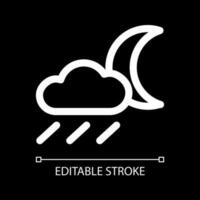 Raining at night white linear ui icon for dark theme. Nighttime precipitation. Vector line pictogram. Isolated user interface symbol for night mode. Editable stroke