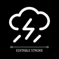 Rain and lightning white linear ui icon for dark theme. Weather condition. Thundershower. Vector line pictogram. Isolated user interface symbol for night mode. Editable stroke