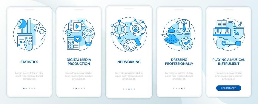 Professional skills blue onboarding mobile app screen. Career walkthrough 5 steps editable graphic instructions with linear concepts. UI, UX, GUI template vector