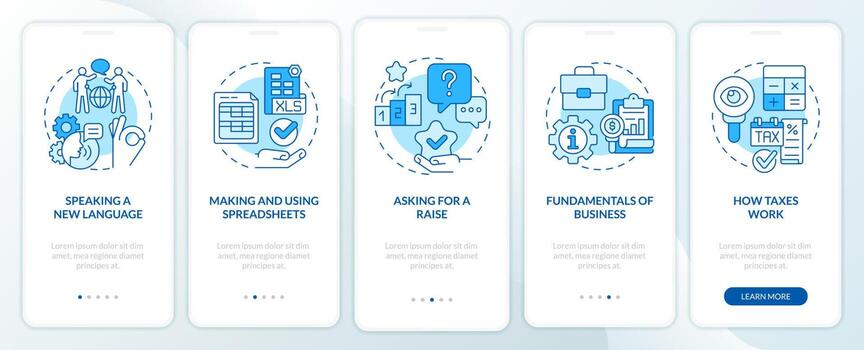 Experiences blue onboarding mobile app screen. Job and career walkthrough 5 steps editable graphic instructions with linear concepts. UI, UX, GUI template vector