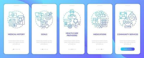 Chronic disease care plan blue gradient onboarding mobile app screen. Walkthrough 5 steps graphic instructions with linear concepts. UI, UX, GUI template vector