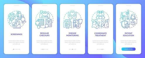 Chronic disease management approach blue gradient onboarding mobile app screen. Walkthrough 5 steps graphic instructions with linear concepts. UI, UX, GUI template vector