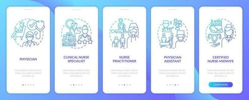 Chronic care management providers blue gradient onboarding mobile app screen. Walkthrough 5 steps graphic instructions with linear concepts. UI, UX, GUI template vector