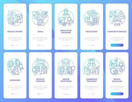 Chronic conditions management blue gradient onboarding mobile app screen set. Walkthrough 5 steps graphic instructions with linear concepts. UI, UX, GUI template vector