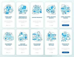 LGBTQI workplace and therapist blue onboarding mobile app screens set. Walkthrough 5 steps editable graphic instructions with linear concepts. UI, UX, GUI template vector