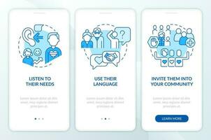 Support LGBTQ seniors blue onboarding mobile app screen. Community walkthrough 3 steps editable graphic instructions with linear concepts. UI, UX, GUI template vector