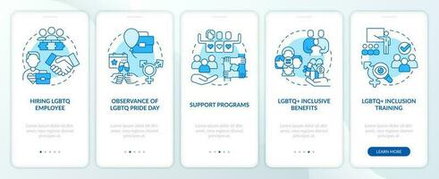 Creating LGBTQ inclusive workplace blue onboarding mobile app screen. Walkthrough 5 steps editable graphic instructions with linear concepts. UI, UX, GUI template vector