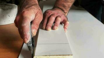 timmerman is snijdend de klein wit geschilderd hout video