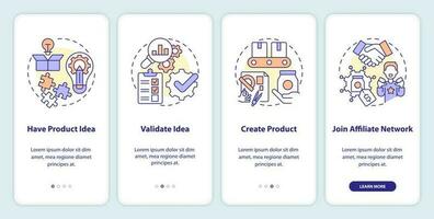 Become affiliate merchant onboarding mobile app screen. E commerce walkthrough 4 steps editable graphic instructions with linear concepts. UI, UX, GUI template vector