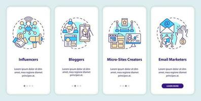 Affiliate marketers types onboarding mobile app screen. Internet sales walkthrough 4 steps editable graphic instructions with linear concepts. UI, UX, GUI template vector