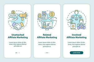 Affiliate marketing programs onboarding mobile app screen. Commerce walkthrough 3 steps editable graphic instructions with linear concepts. UI, UX, GUI template vector