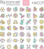 HACCP RGB color icons set. System of food quality control. Products manufacturing safety. Hazard prevention. Isolated vector illustrations. Simple filled line drawings collection. Editable stroke